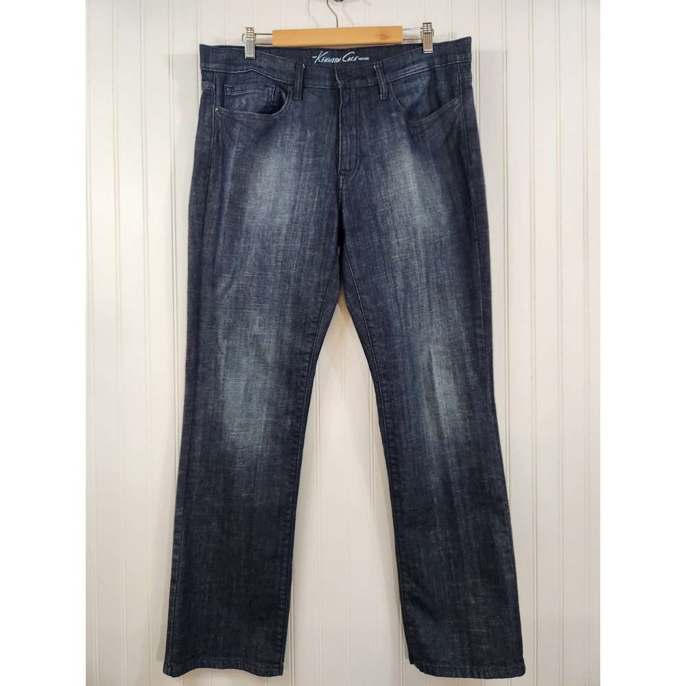 Kenneth Cole NY Mens Dark Wash Straight Leg Jeans Blue 36x32 Casual Outdoor